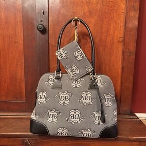 Dooney & Bourke DB Monogram Canvas Satchel Purse Black Leather With Wristlet